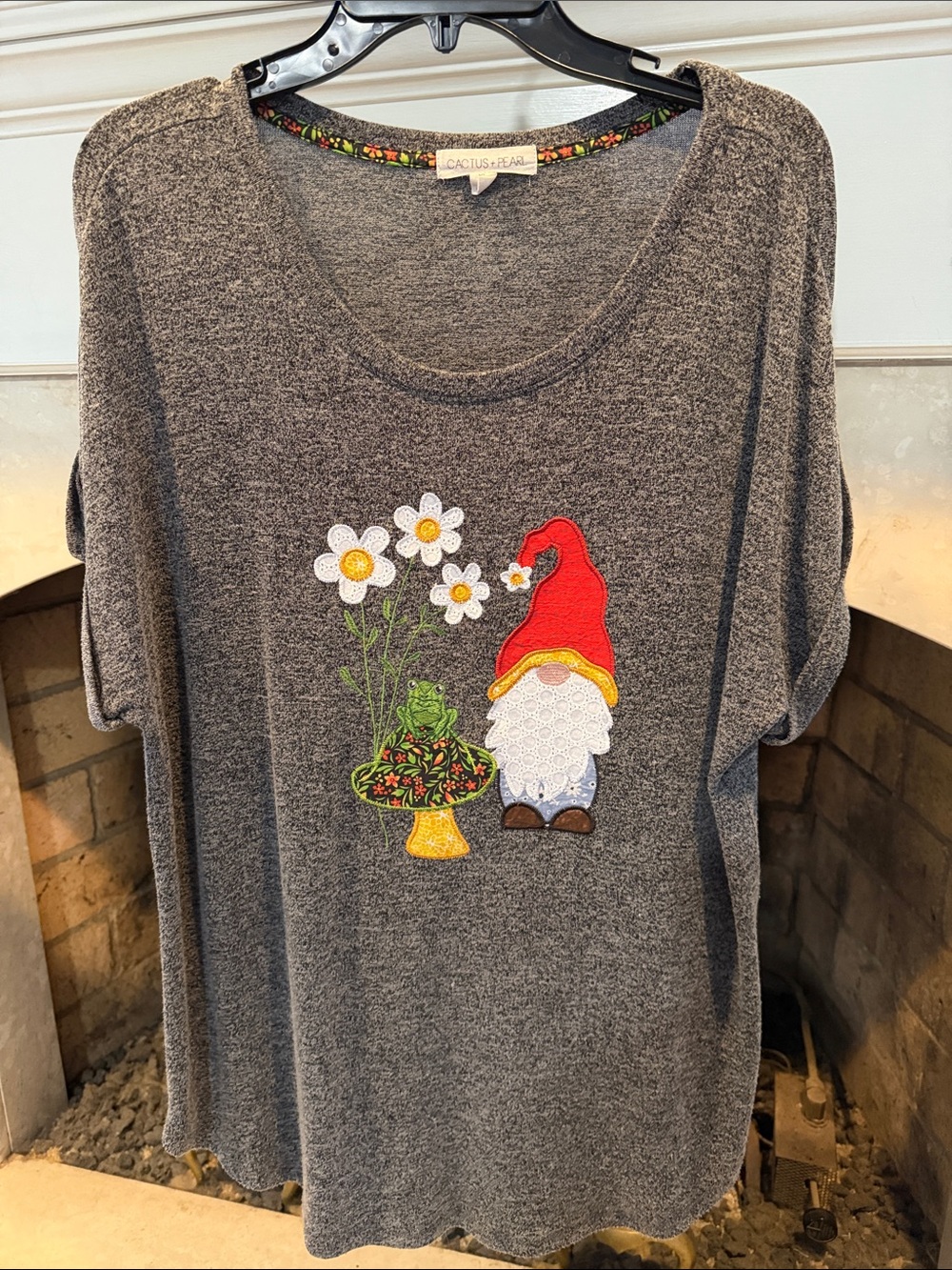 Cactus & Pearl Gray Gnome Appliqué Short Sleeve Blouse